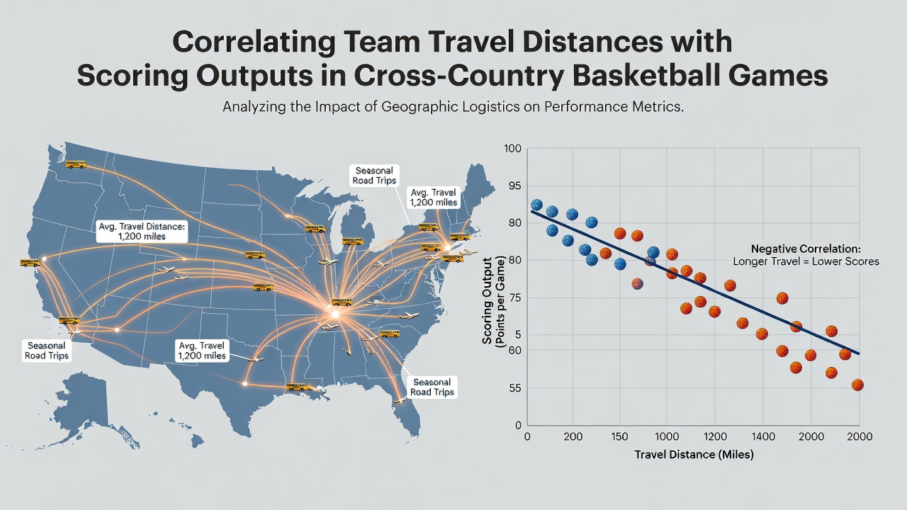 Graph displaying average points scored by visiting teams plotted against increasing travel distances in miles for college basketball games