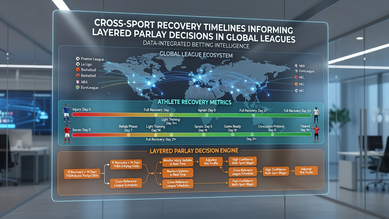 Data visualization of recovery timelines across soccer, basketball, and tennis with overlaid parlay construction examples from global leagues