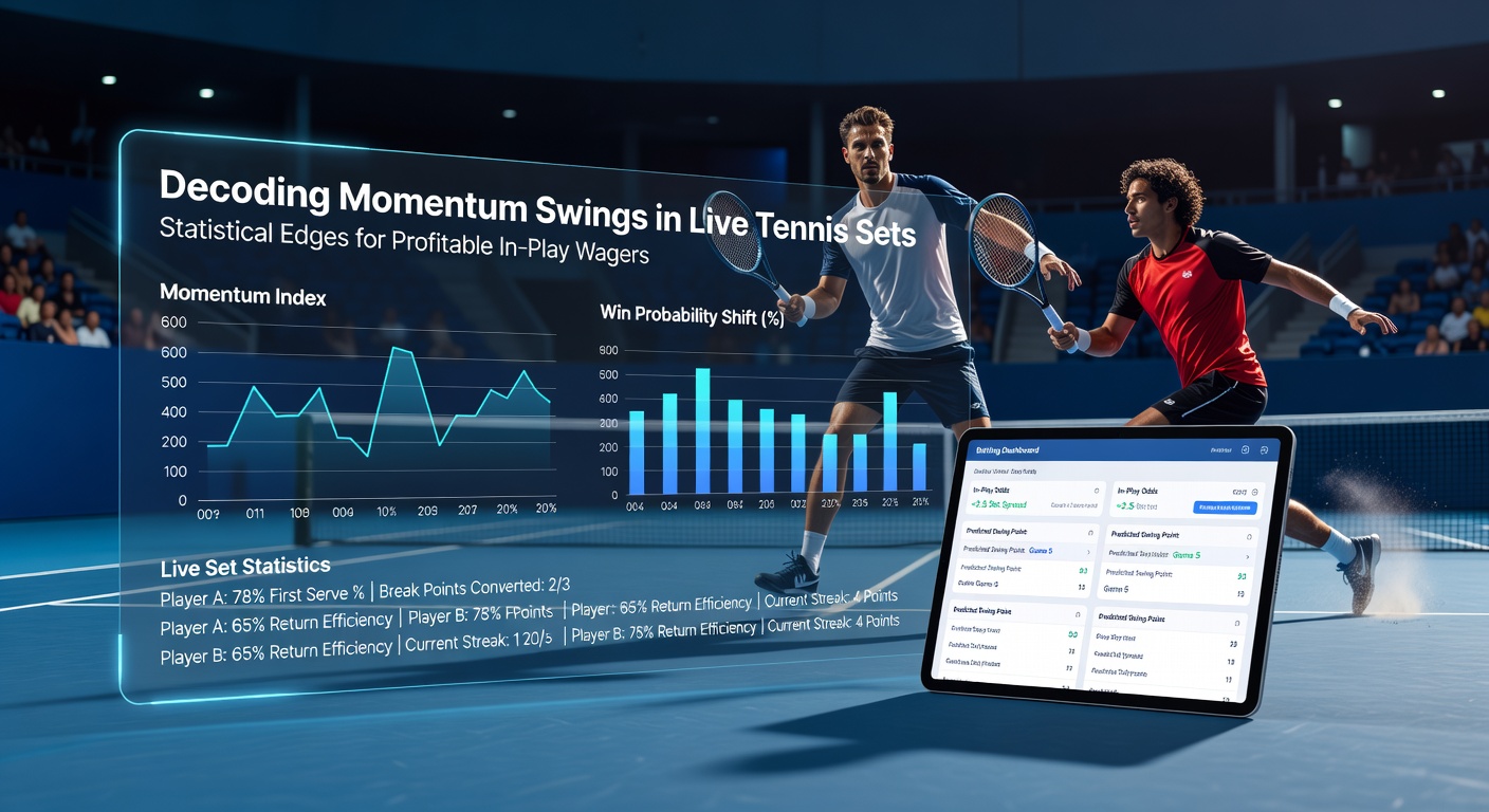 Line graph illustrating momentum shifts during a live tennis set, with peaks and valleys representing serve holds, breaks, and error spikes in a recent ATP match
