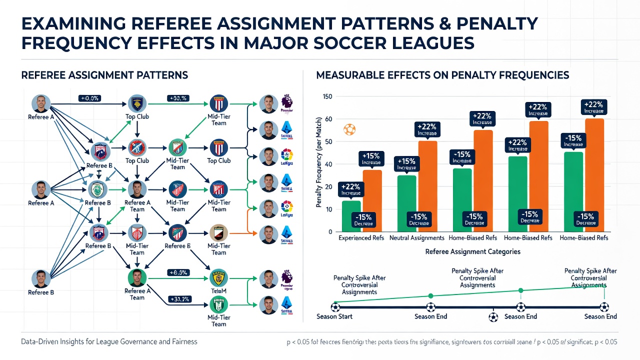 Referees reviewing match footage during a soccer league game to analyze assignment impacts on calls