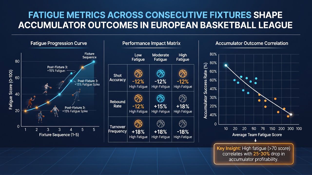 Statistical dashboard displaying fatigue metrics and accumulator performance trends in European basketball leagues