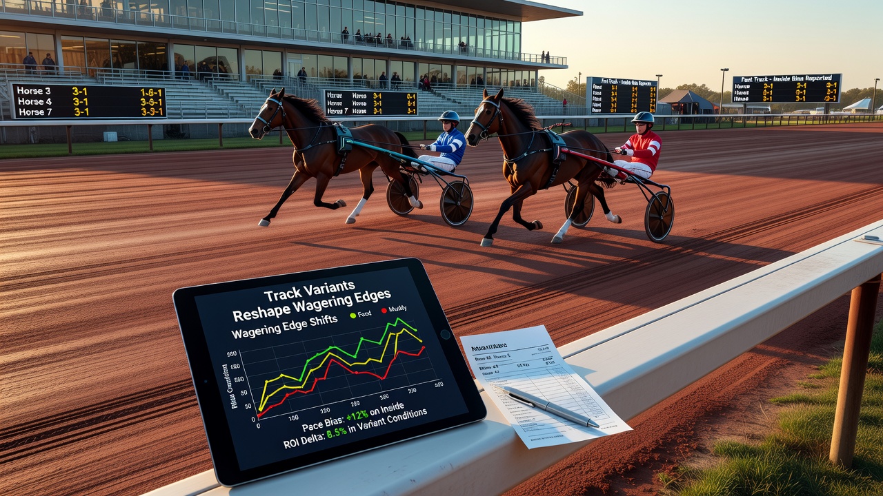 Aerial view of a harness racing track showing different surface conditions and banking angles during an evening meet