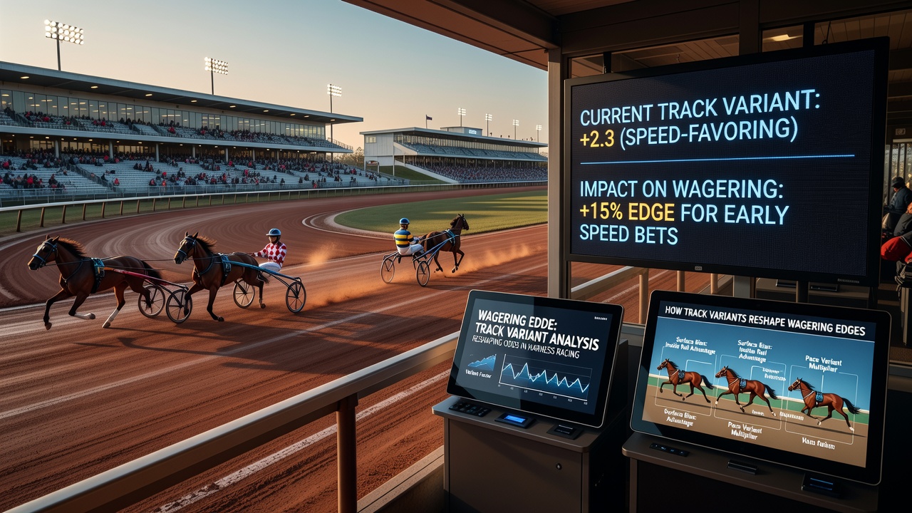 Close-up of harness racing sulkies navigating a turn on a wet, packed dirt surface with visible track maintenance equipment in the background