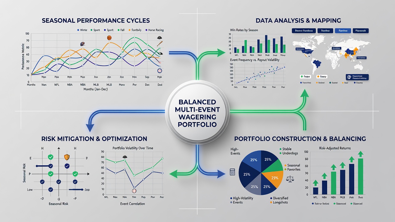 Multi-event wagering portfolio graphs illustrating balanced seasonal allocations
