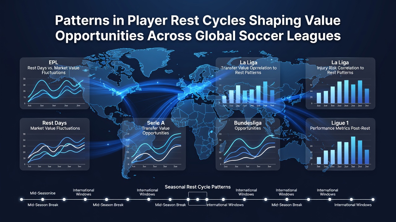 Soccer players resting during a training session with recovery data overlays showing rest cycle impacts across leagues