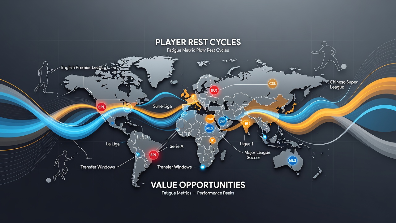 Global soccer league schedule graphic illustrating rest day distributions and corresponding betting value indicators