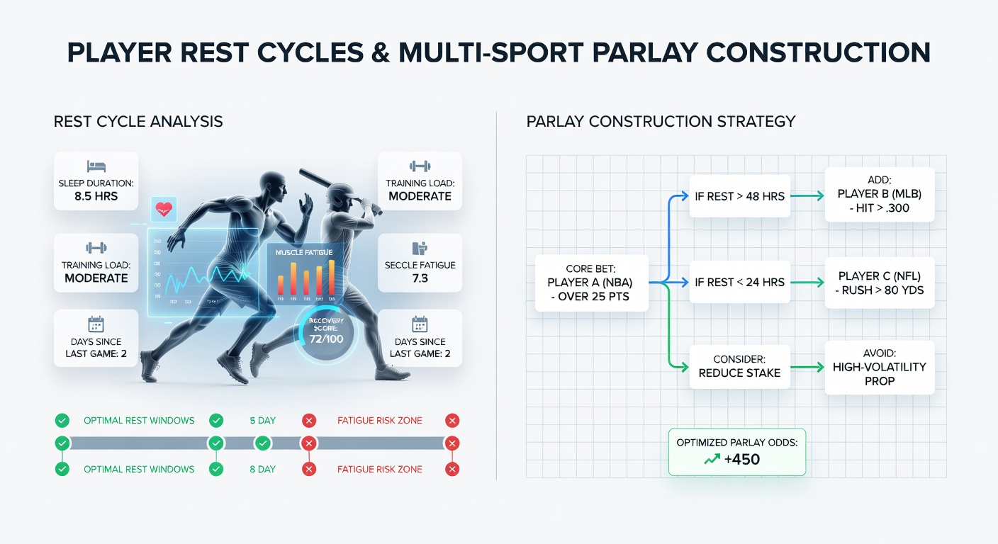 Sports analytics dashboard displaying rest cycle charts and parlay correlation graphs