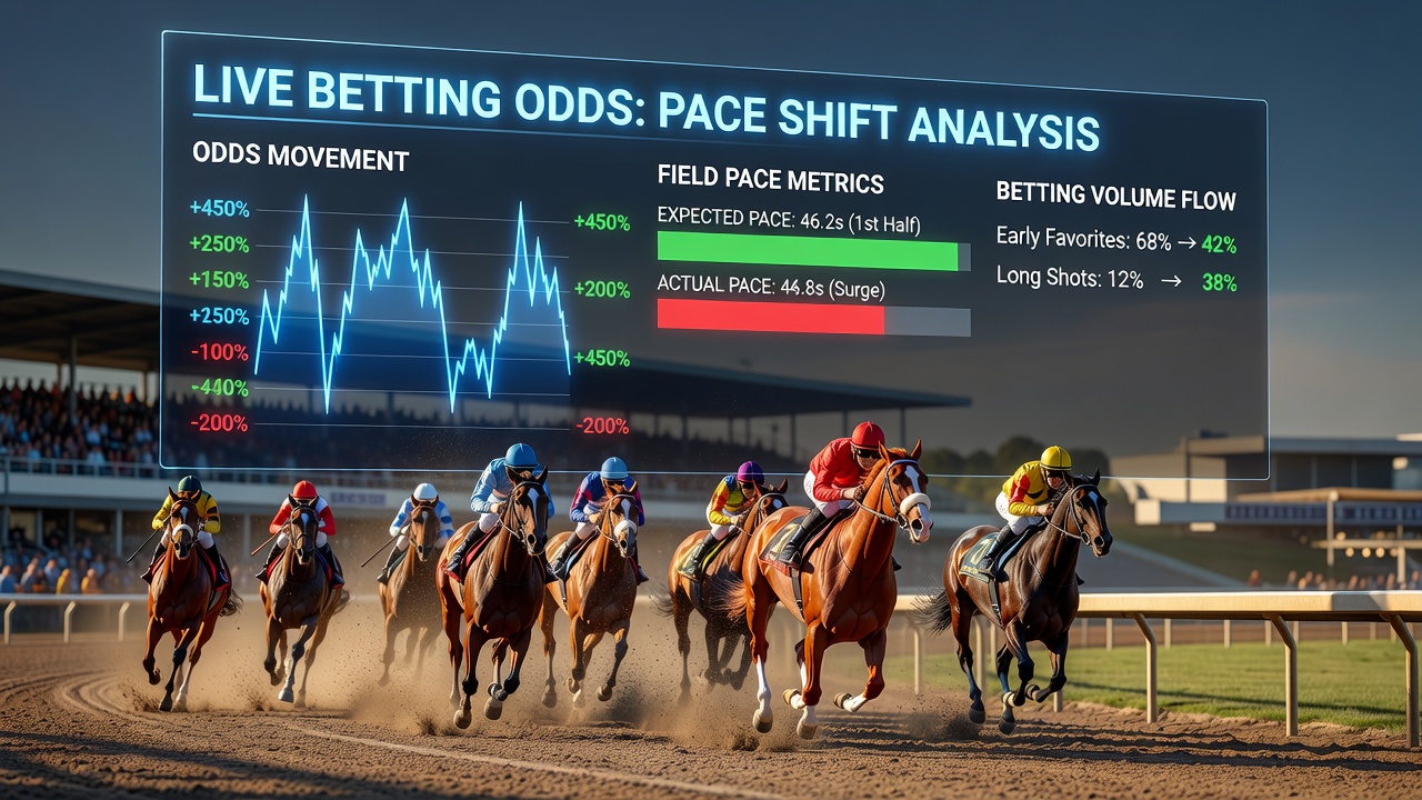 Jockeys navigating a field during a sudden pace shift in mid-race action