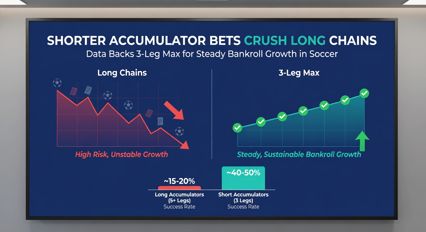 Bar chart illustrating bankroll growth curves for 3-leg vs 5-leg accumulators over 200 bets in soccer markets