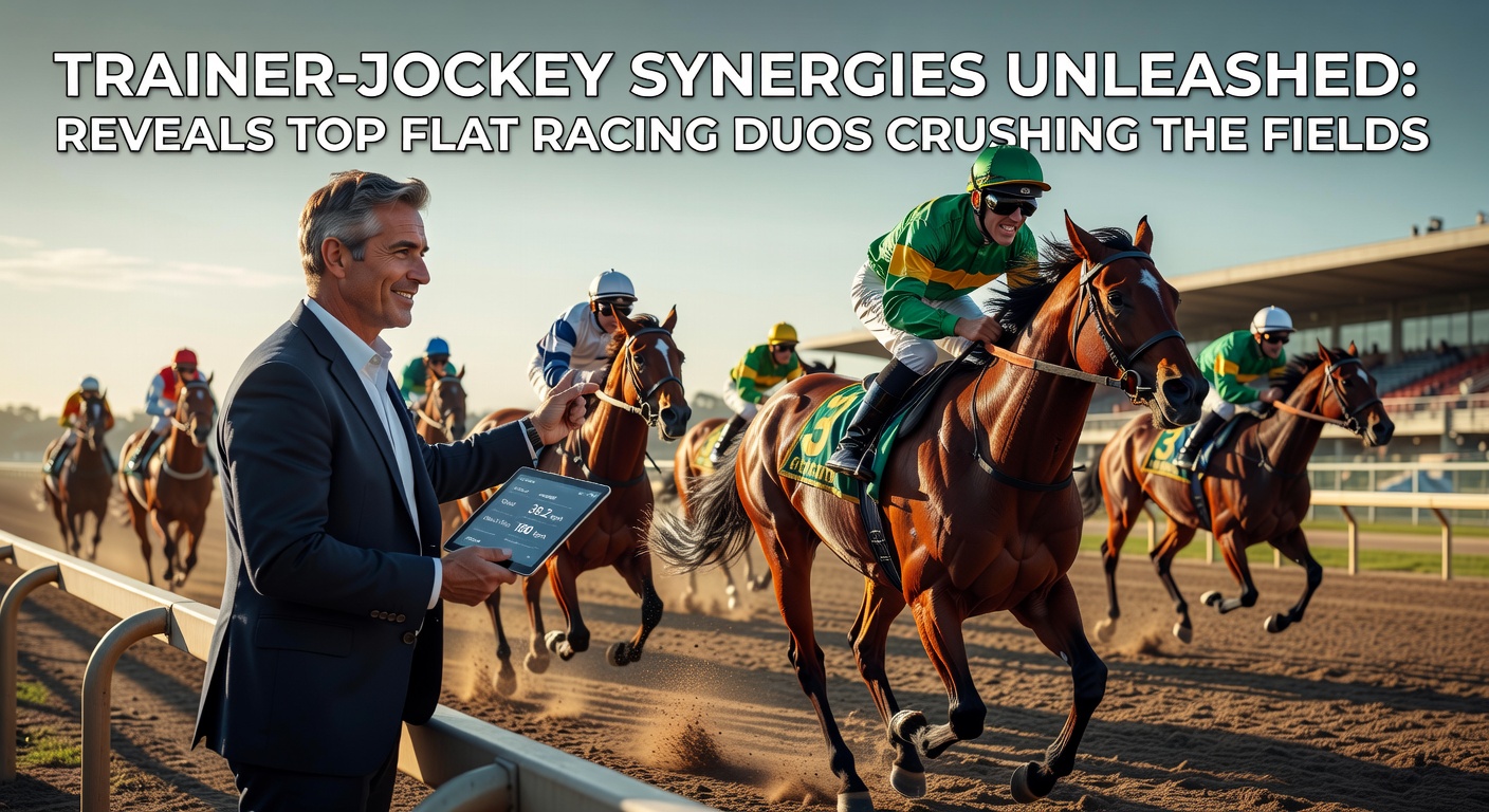 A triumphant trainer and jockey duo hoist a trophy after dominating a major flat race, confetti flying in the background