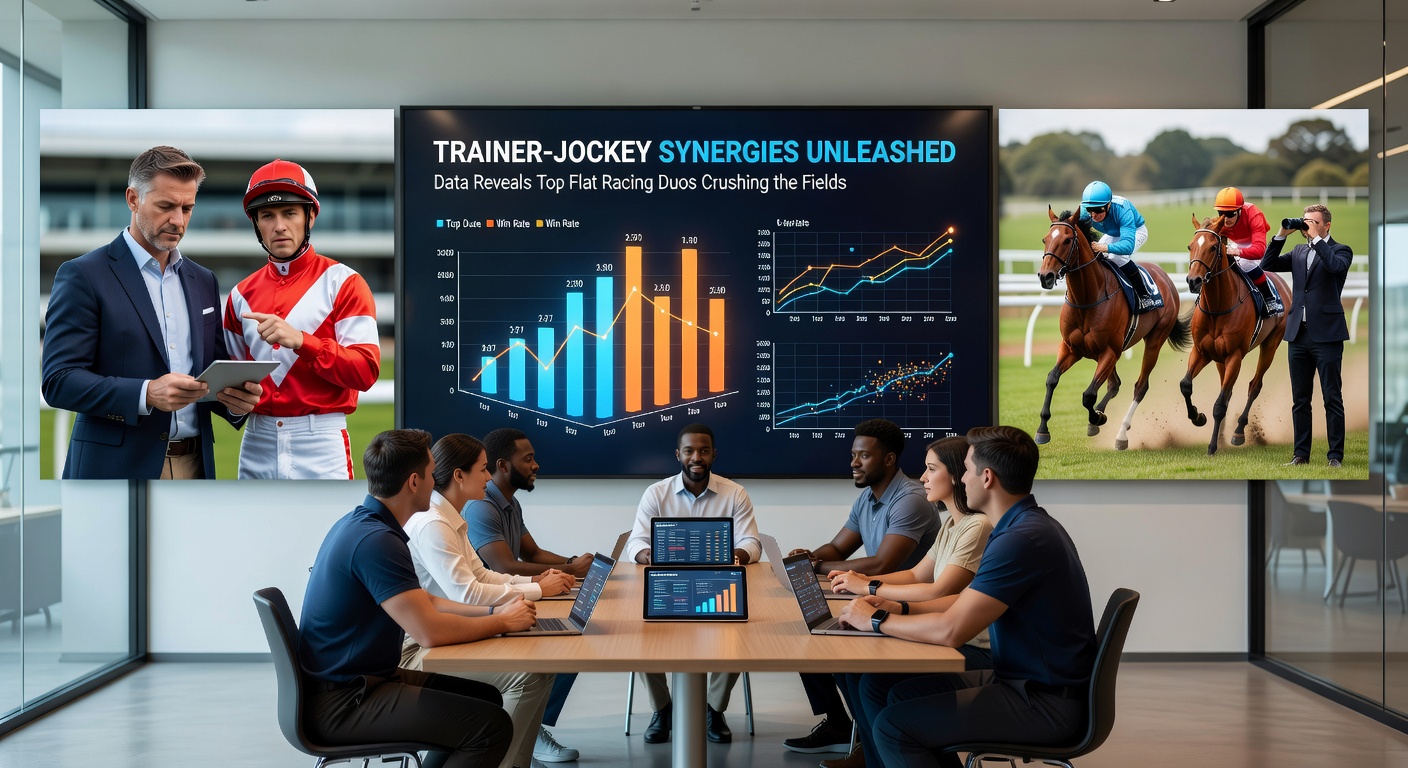 Dynamic shot of jockey guiding a horse to victory in a packed flat racing stadium, trainer watching intently from railside