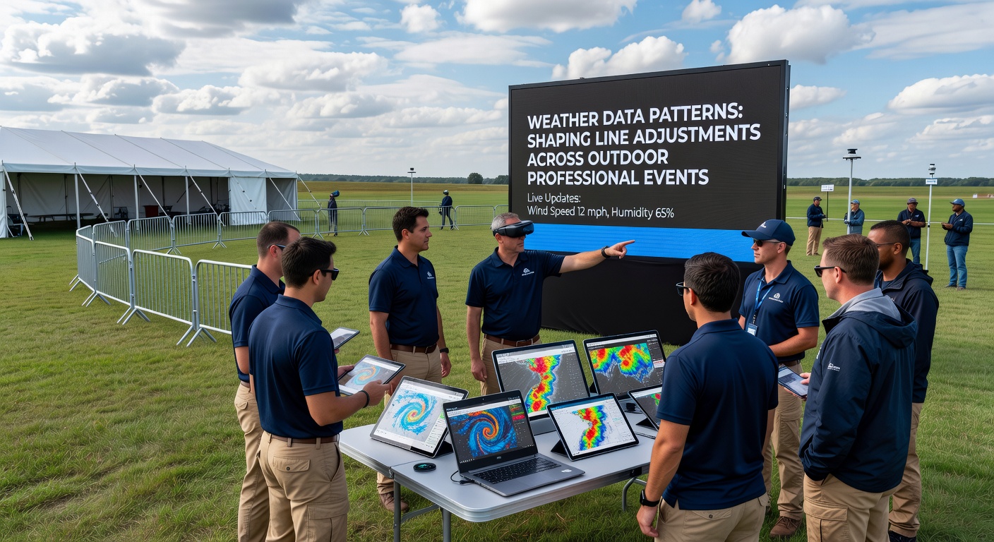 Weather monitoring equipment and data visualizations used by sports analysts to assess conditions for outdoor events