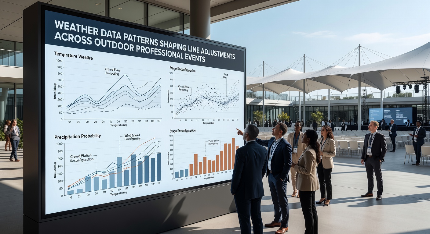 Analysts reviewing real-time weather feeds and adjusting betting lines for an outdoor professional sports event
